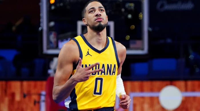Dec 7, 2023; Las Vegas, Nevada, USA; Indiana Pacers guard Tyrese Haliburton (0) reacts to a play during the second quarter against the Milwaukee Bucks in the NBA In Season Tournament Semifinal at T-Mobile Arena. Mandatory Credit: Kyle Terada-USA TODAY Sports
